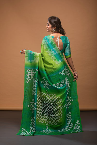 Emerald Sky Satin Print Saree