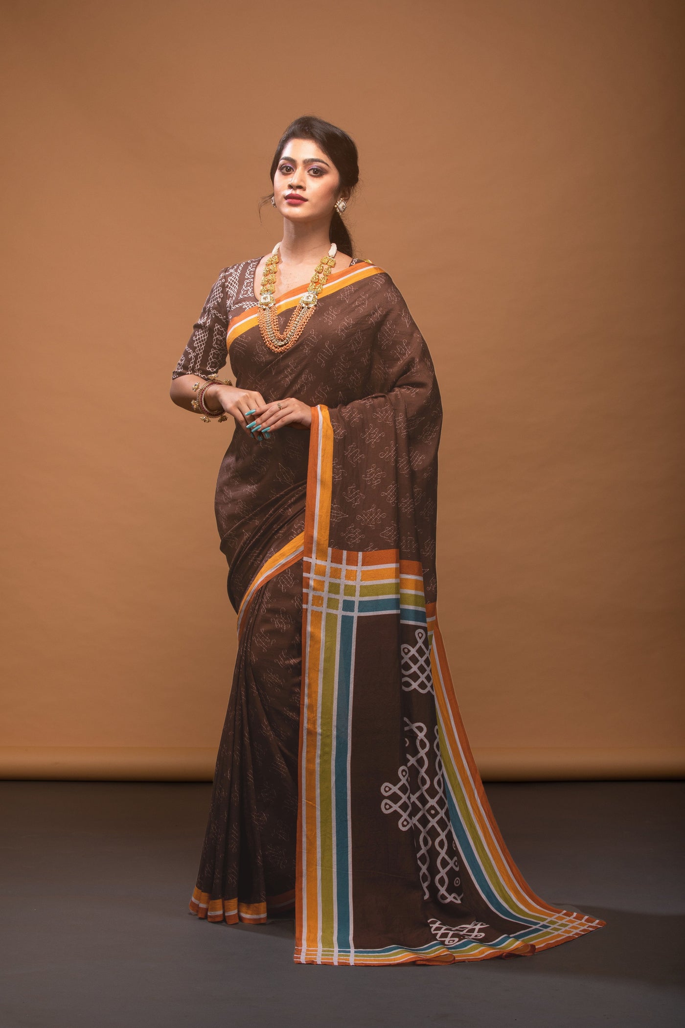 Earthy Elegance Satin Print Saree