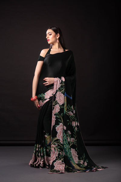 Blooming Black Peacock Saree